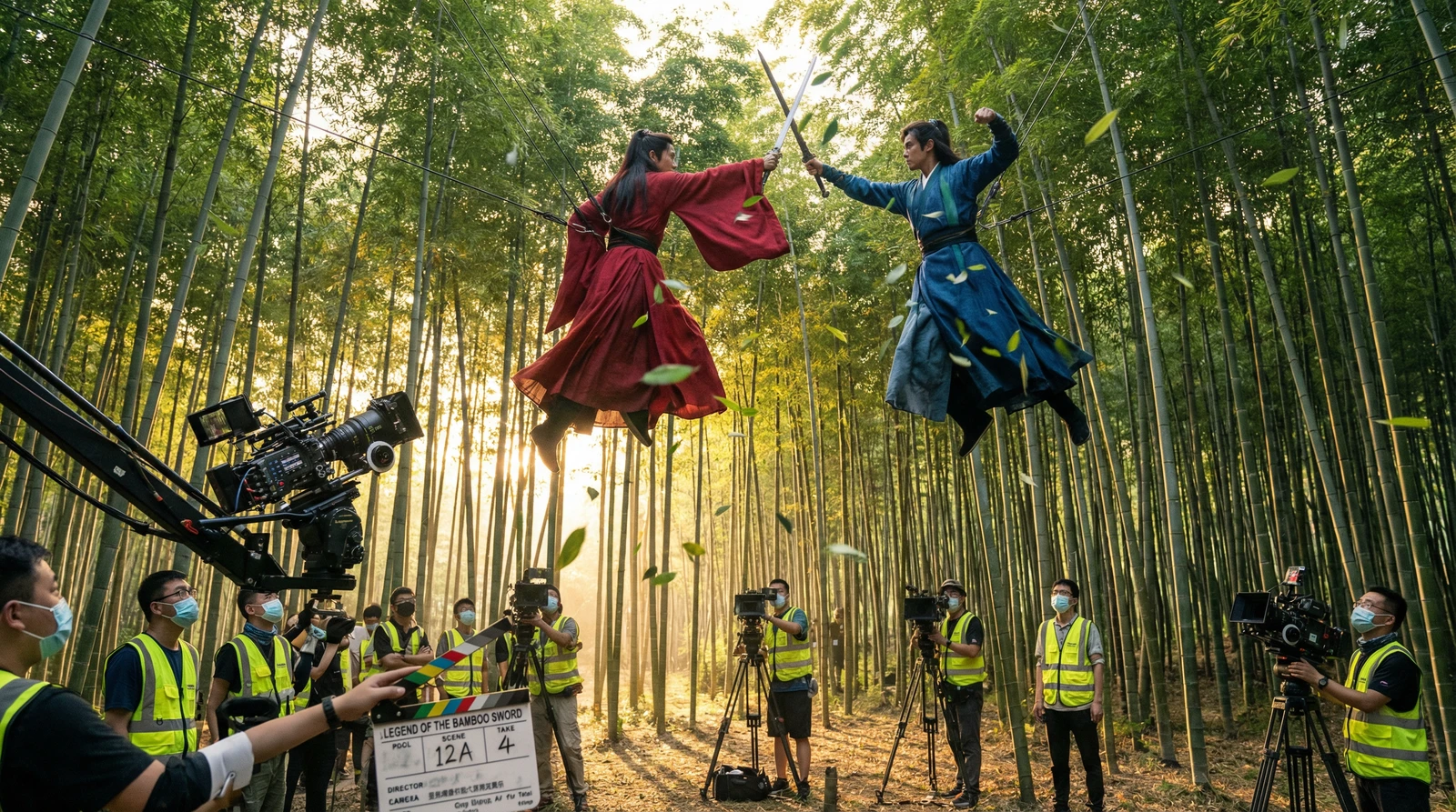 草莓视频武侠动作片竹林对决拍摄现场